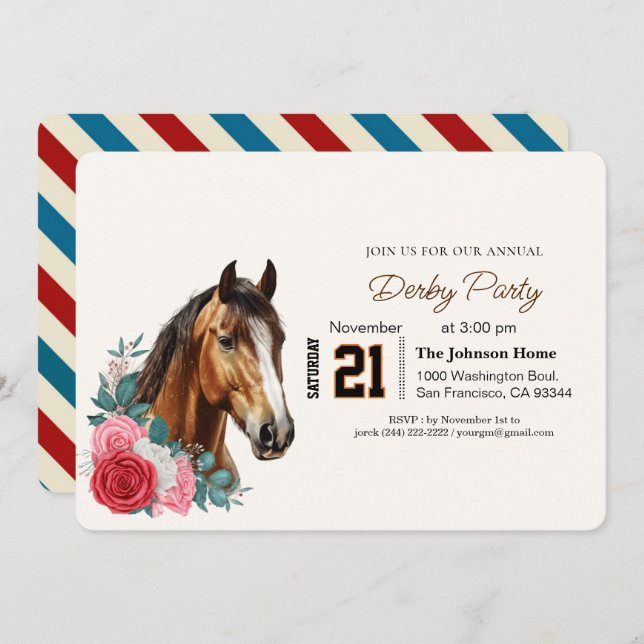 Convite Modern Race Horse Derby Party Equestrian  (Frente/Verso)