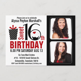 Convite Modern Red and Black 2 Fotos, doce 16 Festa
