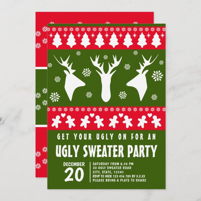 Convite Modern Red and Green Reindeer Ugly Sweater Party (Frente/Verso)