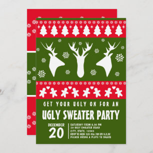 Convite Modern Red and Green Reindeer Ugly Sweater Party
