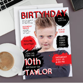 Convite Modern Red Black Magazine Cover Fashion Newspaper 