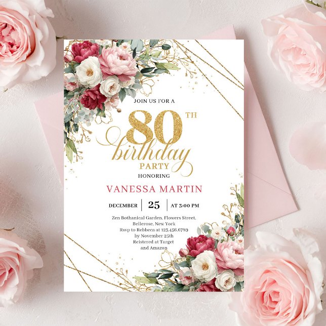 Convite Modern Red Blush Greenery 80th Birthday Invite (Modern Red Blush Greenery 80th Birthday Invite)