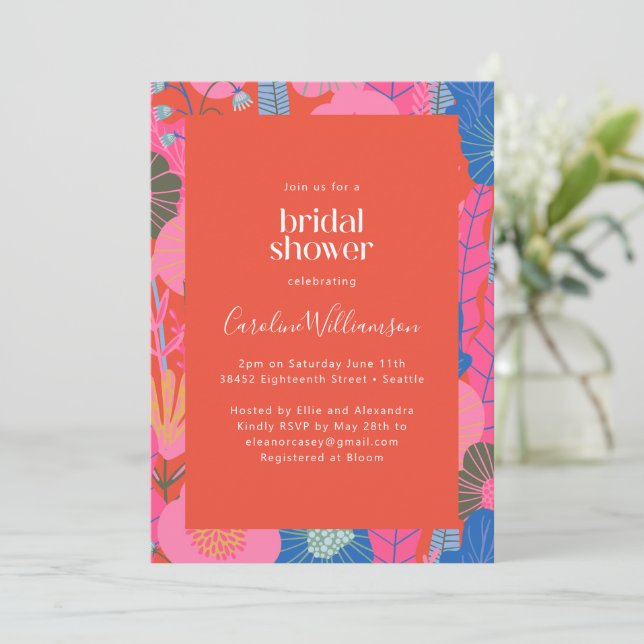 Convite Modern Red Boho Floral Stylish Bridal Shower (Em pé/Frente)