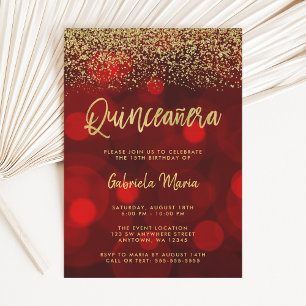 Convite Modern Red Bokeh Dourado Glitter Quinceanera