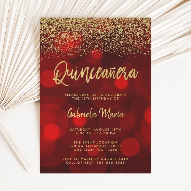 Convite Modern Red Bokeh Dourado Glitter Quinceanera (Criador carregado)