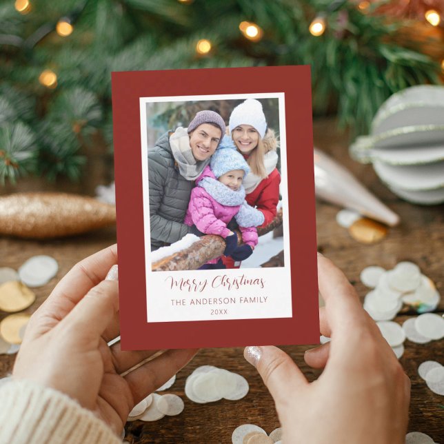 Convite Modern Red Border Family Photo Christmas Card (Criador carregado)
