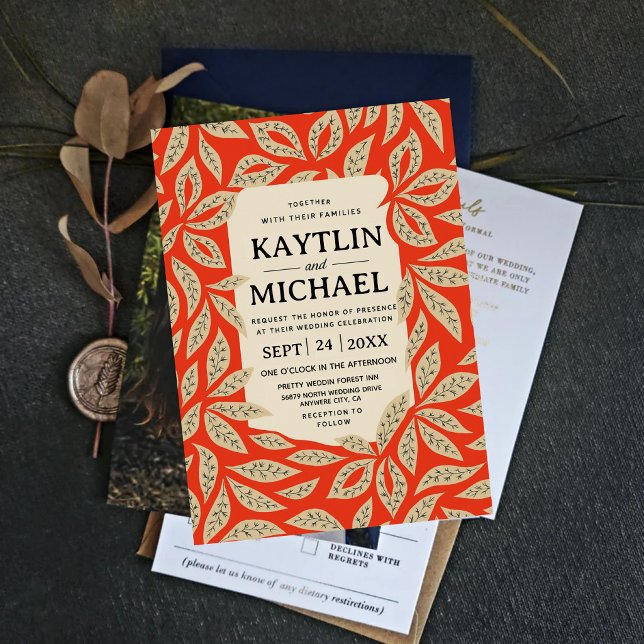 Convite Modern Red Botanical Elegant Leaf  (Criador carregado)
