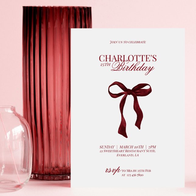 Convite Modern Red Burgundy Bow Birthday Invitation (Criador carregado)