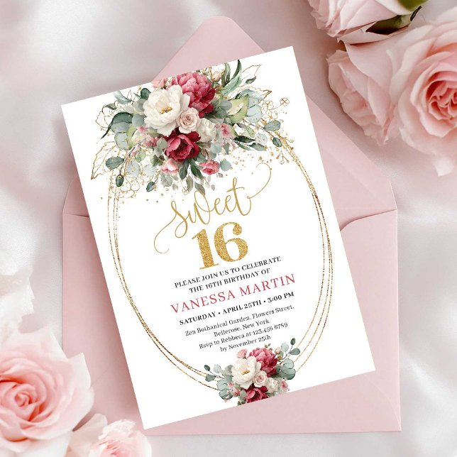 Convite Modern Red Burgundy Gold Floral Sweet 16 Invite (Modern Red Burgundy Gold Floral Sweet 16 Invitation)