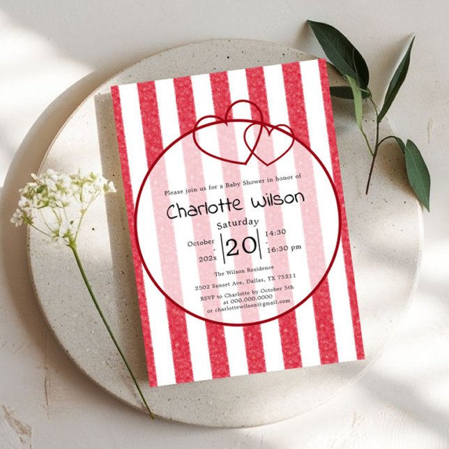 Convite Modern Red Chalk Stripes Double Hearts Baby Shower (Criador carregado)