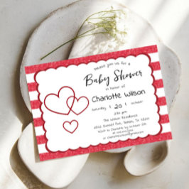 Convite Modern Red Chalk Stripes Triple Hearts Baby Shower