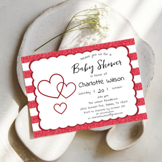 Convite Modern Red Chalk Stripes Triple Hearts Baby Shower (Criador carregado)
