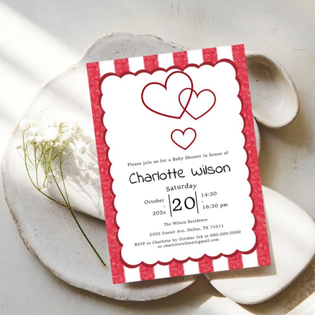 Convite Modern Red Chalk Stripes Vertical Baby Shower (Criador carregado)