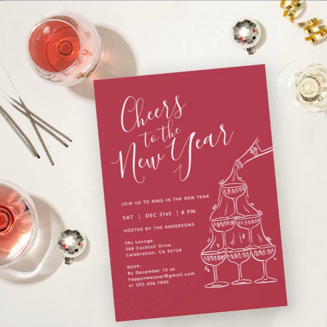 Convite Modern Red Cheers to the New Year Party  (Criador carregado)