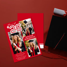Convite Modern Red Class of 2026 3-Photo Graduation Invite