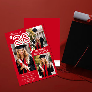 Convite Modern Red Class of 2026 3-Photo Graduation Invite