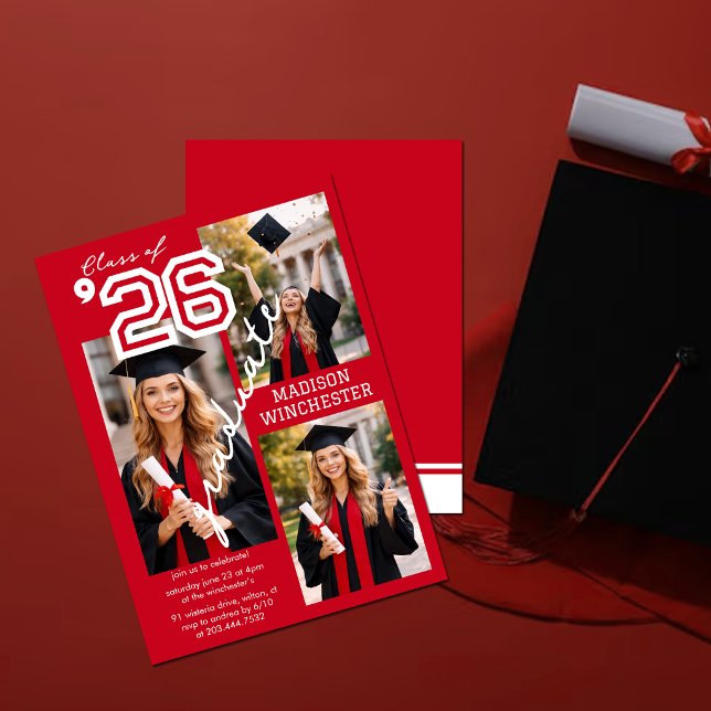 Convite Modern Red Class of 2026 3-Photo Graduation Invite (Criador carregado)