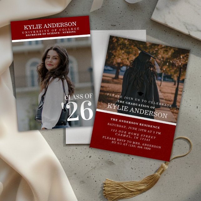 Convite Modern Red College Graduation Senior Photo (Modern Red College Graduation Senior Photo Invitation)