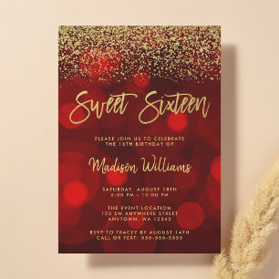 Convite Modern Red Faux Dourado Glitter Sweet 16