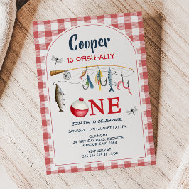 Convite Modern Red Gingham Ofishally One 1st Birthday
