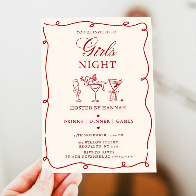 Convite Modern Red Girls Night Dinner Party  Invitation (Criador carregado)