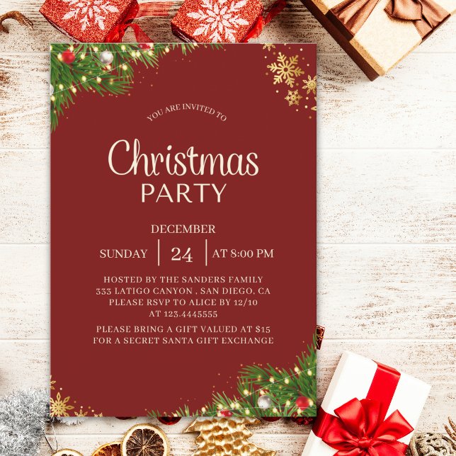 Convite Modern Red & Gold Christmas Party Invite (Criador carregado)