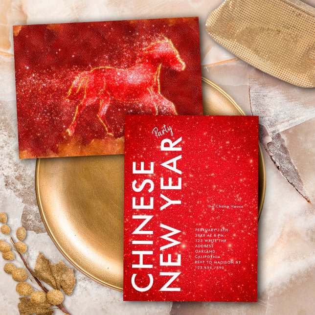 Convite Modern Red Gold Glitter Horse 2026 Lunar New Year (Criador carregado)