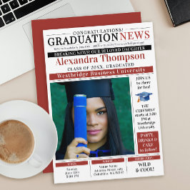 Convite Modern Red GraduaTe Newspaper Front Page College