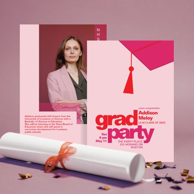 Convite Modern Red & Pink Typography Grad Party Photo (Criador carregado)