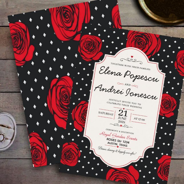Convite Modern Red Rose Elegant Black and Red Romantic  (Criador carregado)