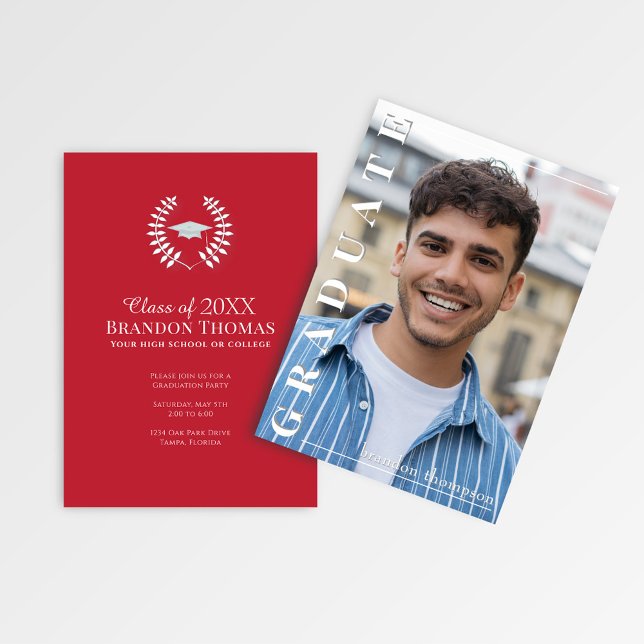 Convite Modern Red Vertical Name Graduation Photo Card (Red graduation photo announcement with laurel emblem and customizable party details.)