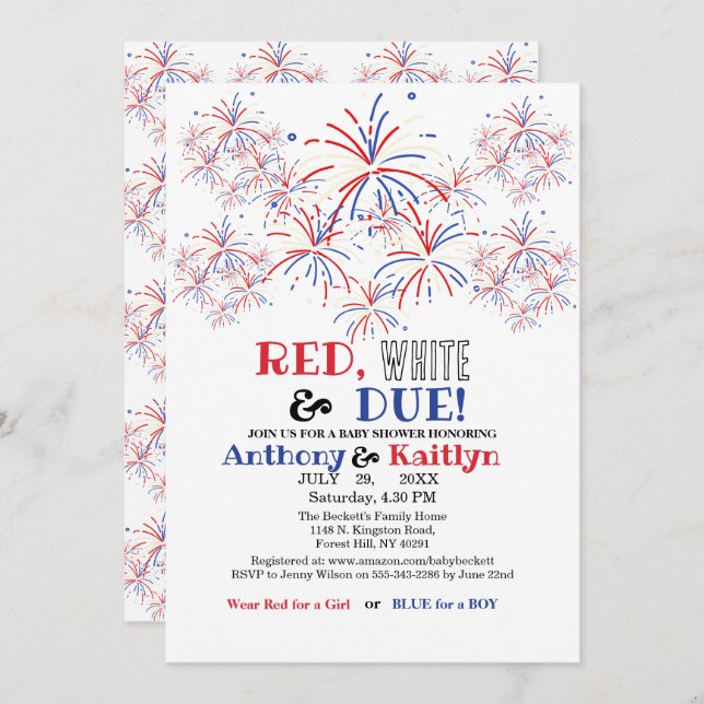 Convite Modern Red White & Due 4th July Baby Shower (Frente/Verso)