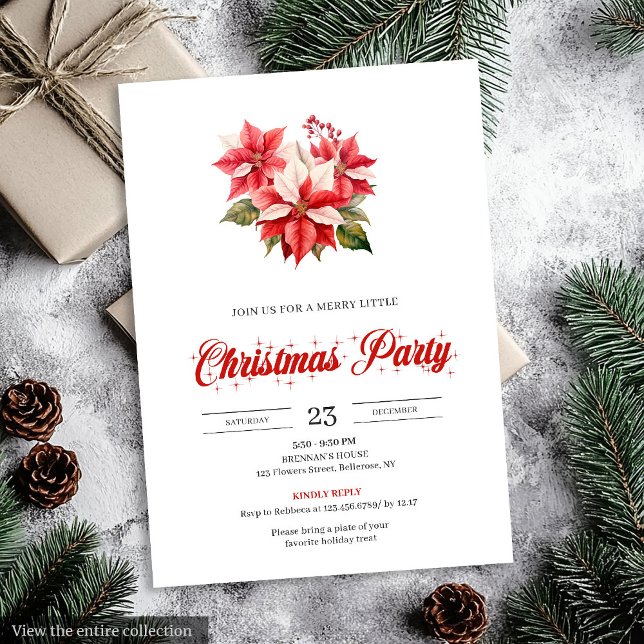 Convite Modern Red White Poinsettia Bouquet Christmas  (Modern Red White Poinsettia Bouquet Christmas Invitation)