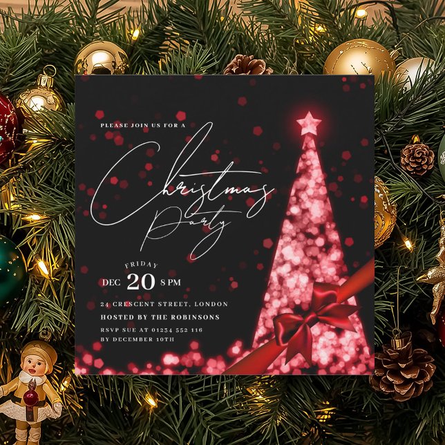 Convite MODERN Red Winter Christmas Tree Bow Party  (MODERN Red Winter Christmas Tree Bow Party Invitation)