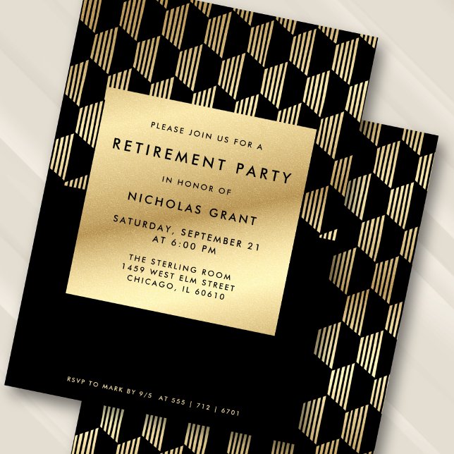 Convite Modern Retirement Party Black and Gold Faux Foil (Personalize names, date, and RSVP details.)