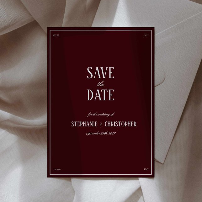 Convite Modern Retro Burgundy Wedding Save the date (burgundy formal save the date wedding invitation, deep red cherry classy wedding annoucement card)