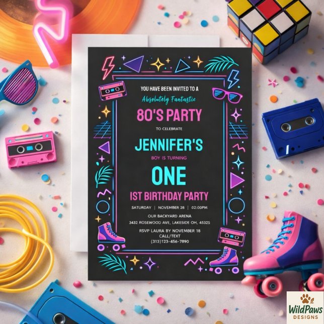 Convite Modern Retro Neon 80’s 1st Birthday Party (Modern Retro Neon 80’s 1st Birthday Party Invitation
)