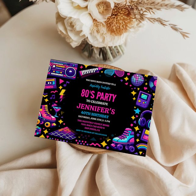 Convite Modern Retro Neon 80’s Birthday Party for Adults (Modern Retro Neon 80’s Birthday Party for Adults Invitation
)
