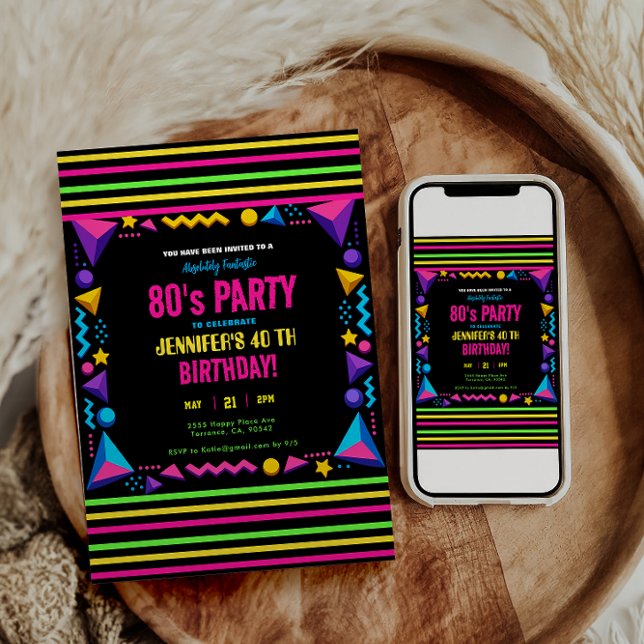 Convite Modern Retro Neon 80's Birthday Party (Modern Retro Neon 80's Birthday Party Invitation
)