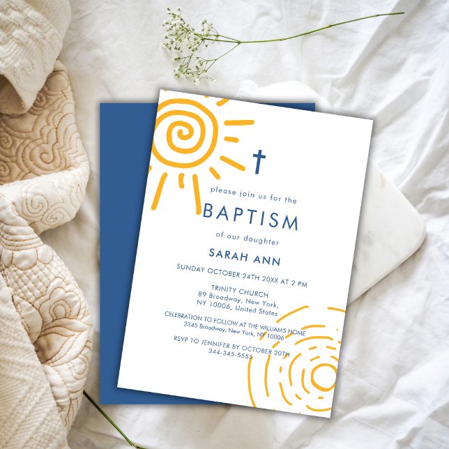 Convite Modern Retro Sun Baptism Christening Cross (Modern Retro Sun Baptism Christening Cross Invitation)
