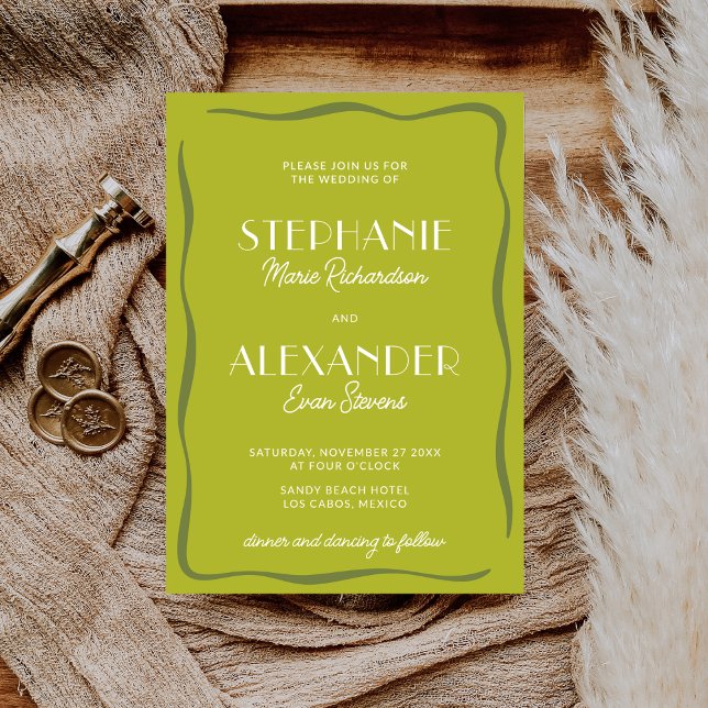 Convite Modern Retro Vibrant Bold Citrus Green Wedding (Criador carregado)