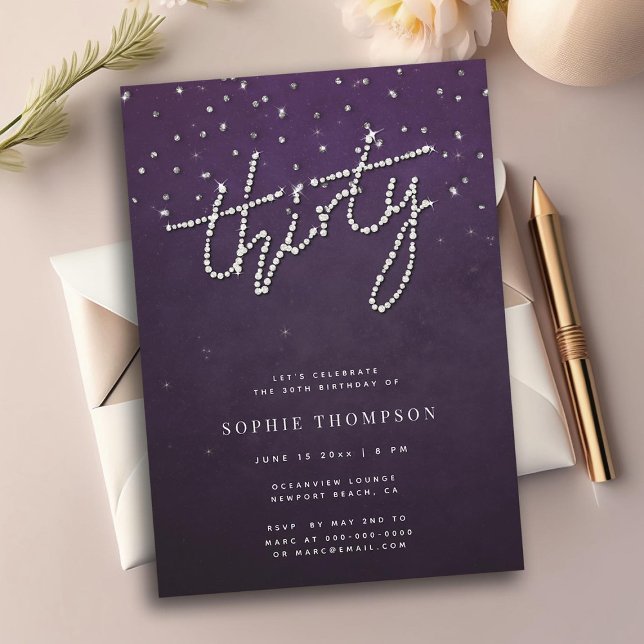 Convite Modern Rhinestones Glitter aniversário de 30 anos (ELEGANT RHINESTONES 30TH BIRTHDAY INVITATION FOR WOMEN GLITTER PURPLE CLASSY MODERN SIMPLE CHIC)