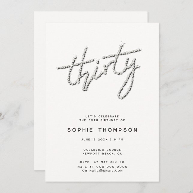 Convite Modern Rhinestones Ivory Chic aniversário de 30 an (Frente/Verso)