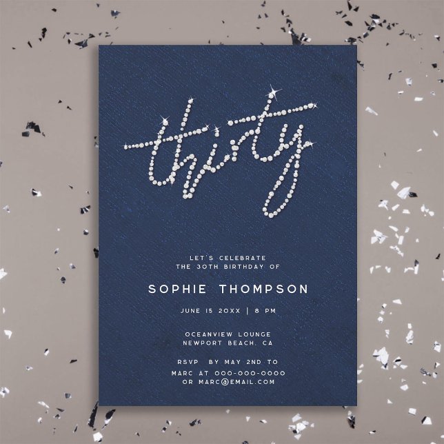 Convite Modern Rhinestones Marinho Blue Glam 30 Bday Soire (modern simple rhinestones glitter glam navy blue 30th birthday party invitation women soiree dinner)