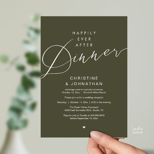 Convite Modern Romantic Wedding Happily Ever After Dinner (Modern Romantic Wedding Happily Ever After reception Dinner Invitation card in Olive Green)