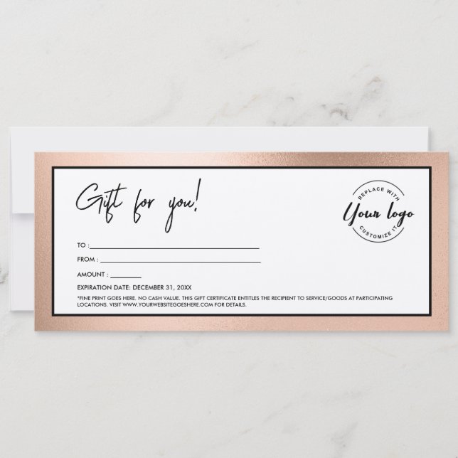 Convite Modern Rose Gold Add Logo Gift Certificate (Frente)