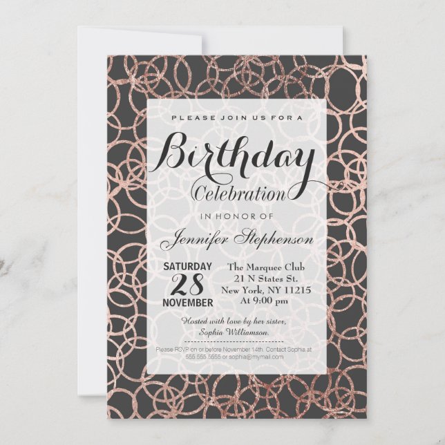Convite Modern Rose Gold Circles on Charcoal Black (Frente)