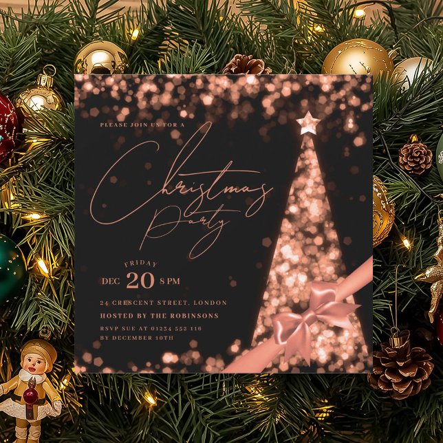 Convite MODERN Rose Gold Winter Christmas Tree Bow Party  (MODERN Rose Gold Winter Christmas Tree Bow Party Invitation)