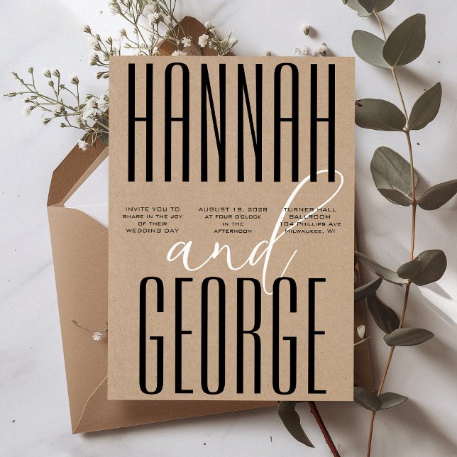 Convite Modern Rustic Kraft Black & White QR Code Wedding (Modern rustic kraft unique simple minimalist typography classic black and white wedding invitation)