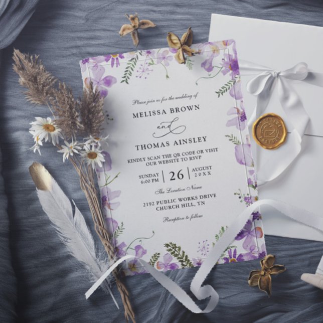 Convite Modern Rustic Purple Flower Budget QR Code Wedding (Criador carregado)